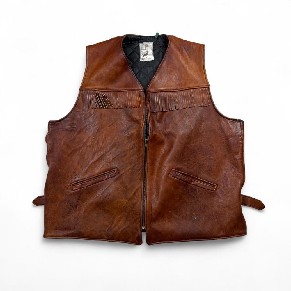 Vintage Uber Glove Co Deerskin Fringe Vest Leather Western Custom Zip Sz 54